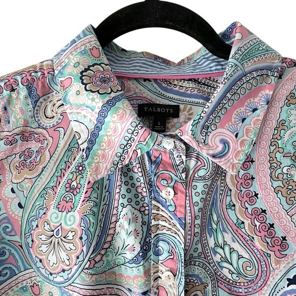 TALBOTS LONG SLEEVE PAISLEY BLOUSE BUTTON FRONT PURE COTTON PINK & BLUE | LARGE - Picture 3 of 11